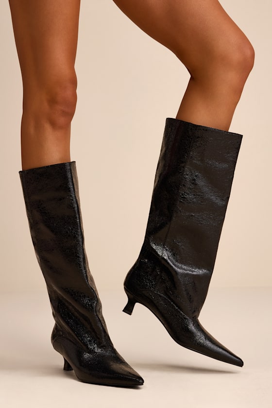 Alexandria Black Distressed Knee-High Kitten Heel Boots