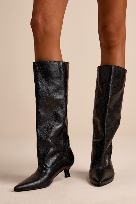 Alexandria Black Distressed Knee-High Kitten Heel Boots