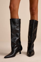 Alexandria Black Distressed Knee-High Kitten Heel Boots