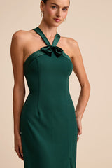 Bisian Green Velvet Bow Backless Apron Maxi Dress