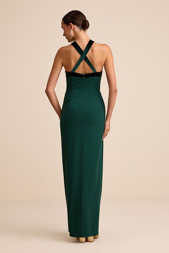 Bisian Green Velvet Bow Backless Apron Maxi Dress