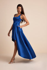Wisola Blue Taffeta Pleated Corset High-Low Maxi Dress