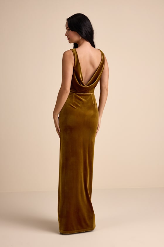 Zoraia Olive Velvet Cowl-Back Sleeveless Maxi Dress