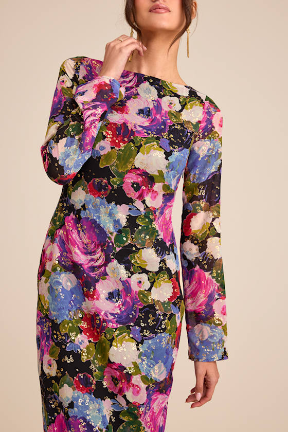 Merrit Black Multi Cowl Back Long Sleeve Maxi Dress