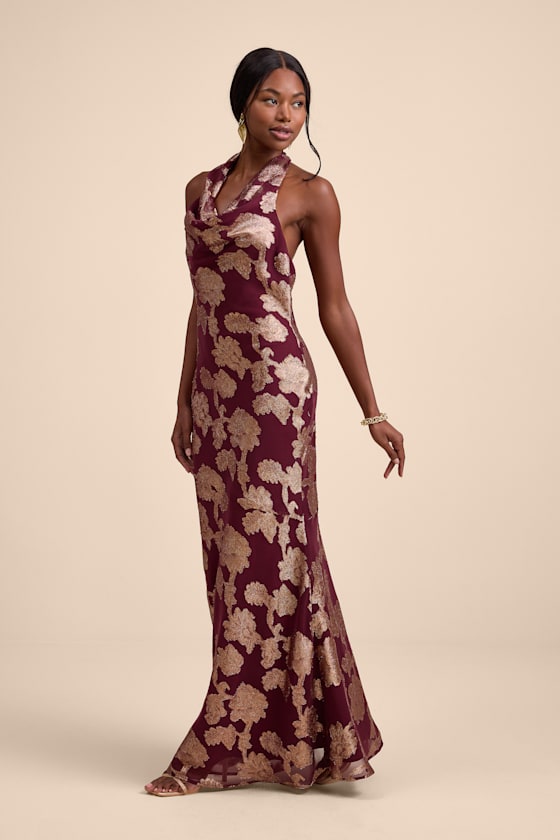 Zafira Burgundy and Gold Burnout Cowl Halter Maxi Dress