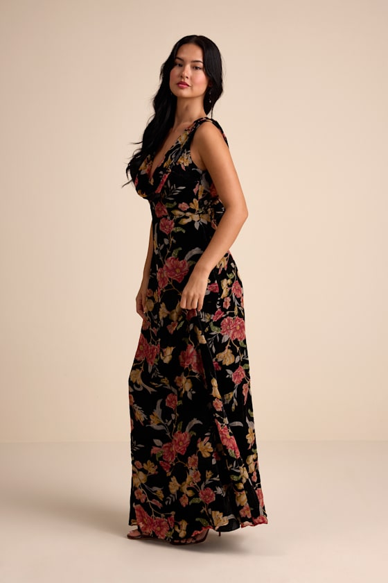 Prim Black Multi Floral Burnout Velvet Cowl Back Maxi Dress