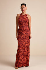 Alaria Rust Satin Jacquard Halter Neck Maxi Dress