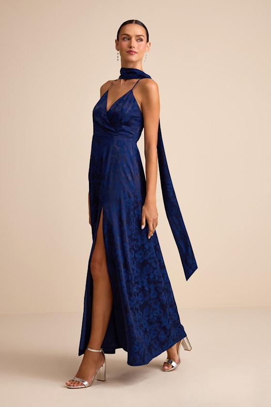 Mahira Navy Satin Jacquard Surplice Sash Scarf Maxi Dress