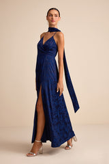 Mahira Navy Satin Jacquard Surplice Sash Scarf Maxi Dress