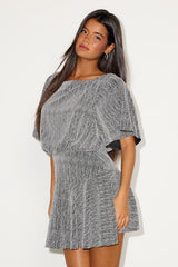 Olira Black and Silver Lurex Short Sleeve Skater Mini Dress