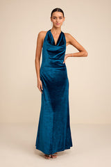 Elarina Blue Velvet Cowl Halter Mermaid Maxi Dress