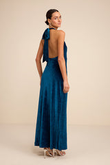 Elarina Blue Velvet Cowl Halter Mermaid Maxi Dress