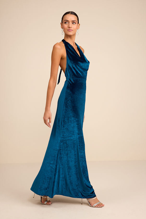 Elarina Blue Velvet Cowl Halter Mermaid Maxi Dress