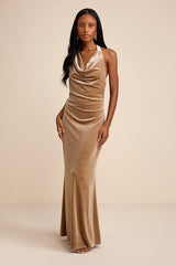 Elarina Champagne Velvet Cowl Halter Mermaid Maxi Dress
