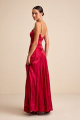 Zeline Berry Red Organza Pleated Drop Waist Maxi Dress