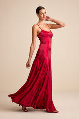 Zeline Berry Red Organza Pleated Drop Waist Maxi Dress