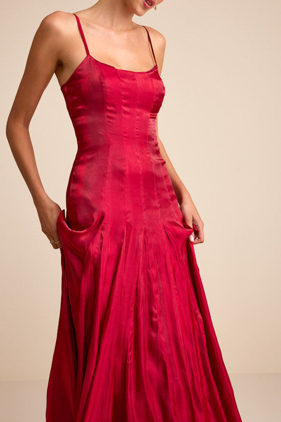 Zeline Berry Red Organza Pleated Drop Waist Maxi Dress