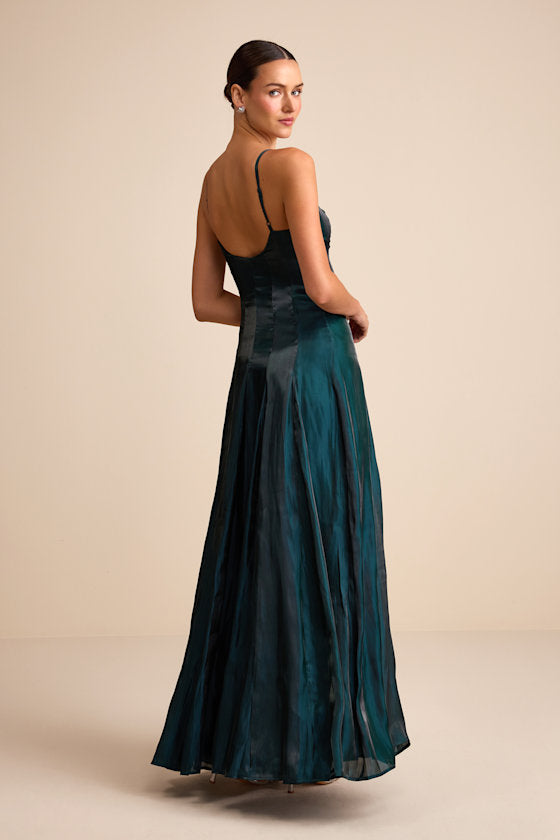 Zeline Dark Green Organza Pleated Drop Waist Maxi Dress