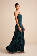Zeline Dark Green Organza Pleated Drop Waist Maxi Dress