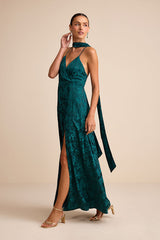 Mahira Emerald Satin Jacquard Surplice Sash Scarf Maxi Dress
