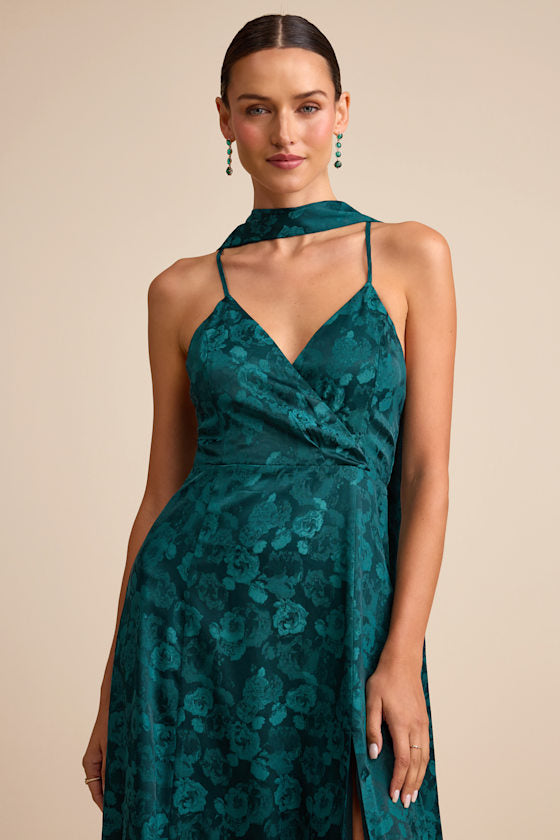 Mahira Emerald Satin Jacquard Surplice Sash Scarf Maxi Dress