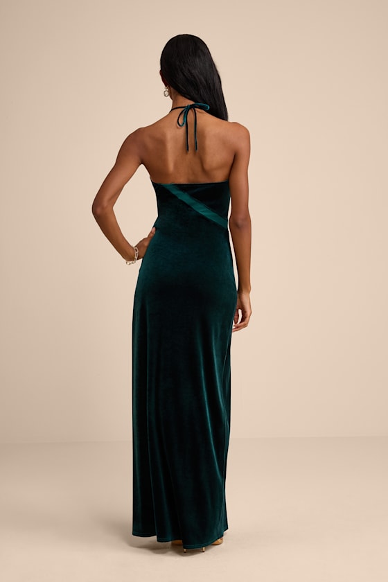 Maxwell Dark Green Velvet Halter Maxi Dress