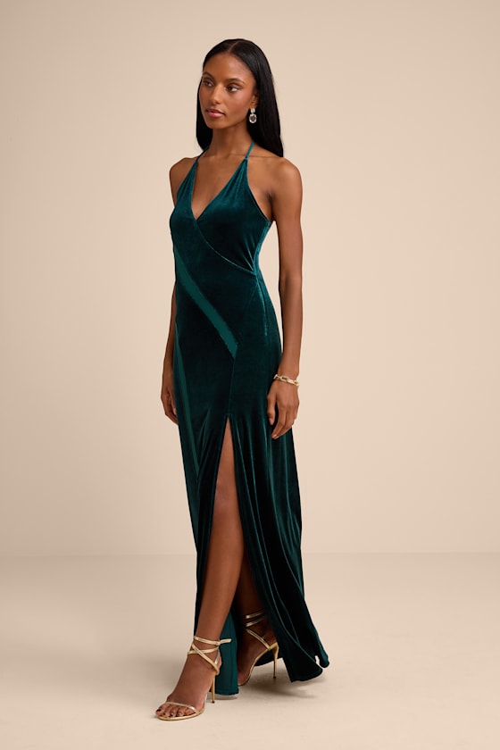Maxwell Dark Green Velvet Halter Maxi Dress