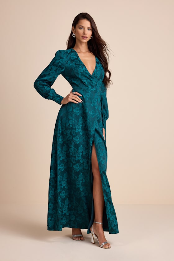 Maryn Teal Green Satin Jacquard Wrap Maxi Dress