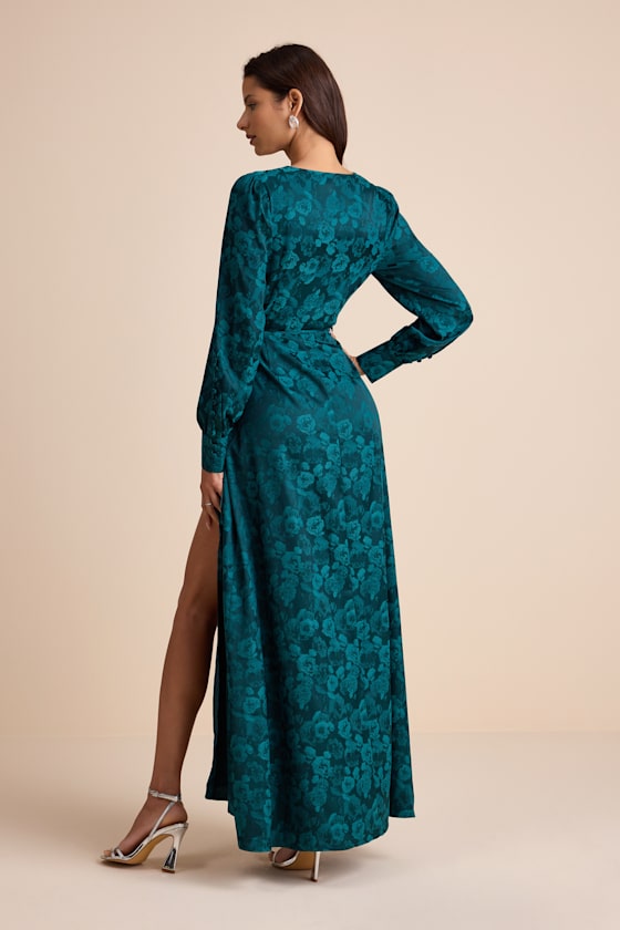 Maryn Teal Green Satin Jacquard Wrap Maxi Dress