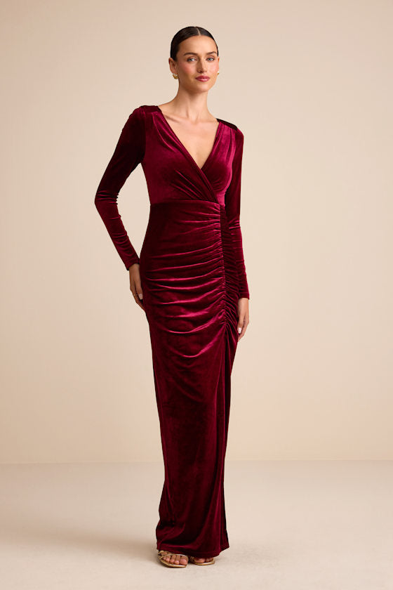 Yasna Burgundy Velvet Ruched Surplice Long Sleeve Maxi Dress