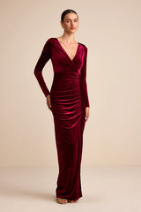 Yasna Burgundy Velvet Ruched Surplice Long Sleeve Maxi Dress
