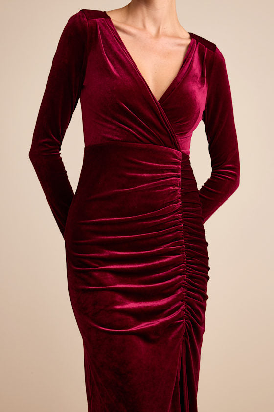 Yasna Burgundy Velvet Ruched Surplice Long Sleeve Maxi Dress