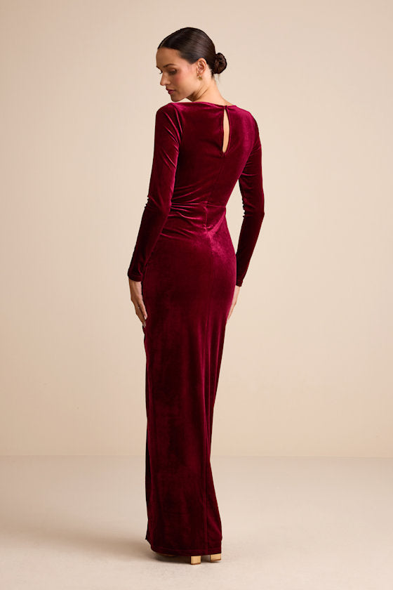 Yasna Burgundy Velvet Ruched Surplice Long Sleeve Maxi Dress