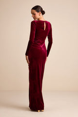 Yasna Burgundy Velvet Ruched Surplice Long Sleeve Maxi Dress