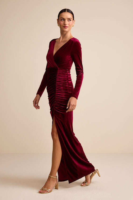 Yasna Burgundy Velvet Ruched Surplice Long Sleeve Maxi Dress