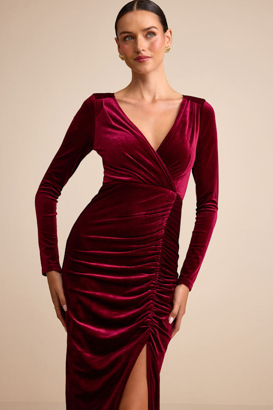 Yasna Burgundy Velvet Ruched Surplice Long Sleeve Maxi Dress