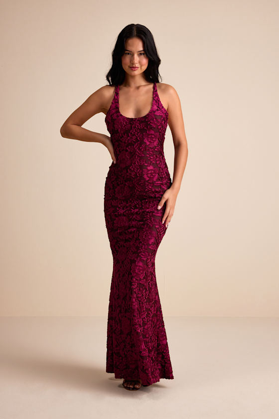 Renissa Burgundy Burnout Velvet Backless Mermaid Maxi Dress