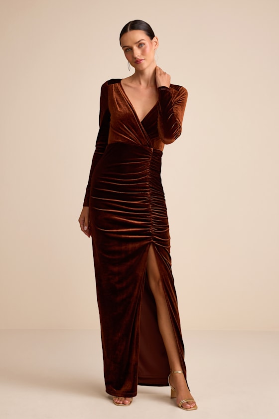 Yasna Brown Velvet Ruched Surplice Long Sleeve Maxi Dress