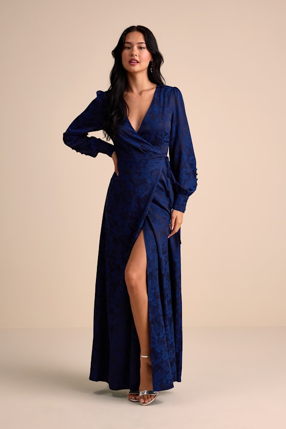 Maryn Navy Satin Jacquard Wrap Maxi Dress