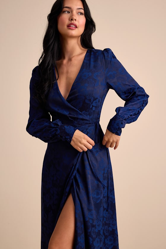Maryn Navy Satin Jacquard Wrap Maxi Dress