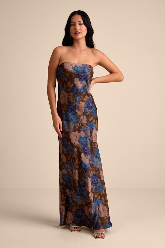 Artemisia Brown Multi Floral Strapless Bow Maxi Dress