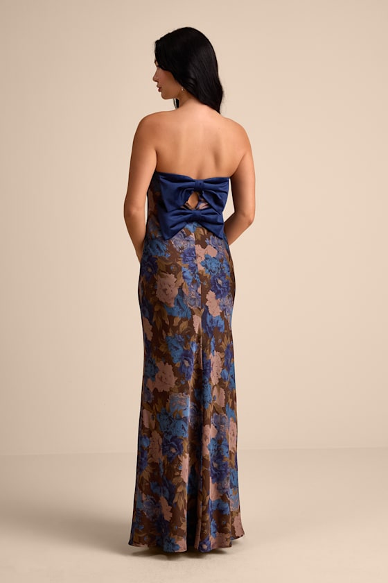 Artemisia Brown Multi Floral Strapless Bow Maxi Dress
