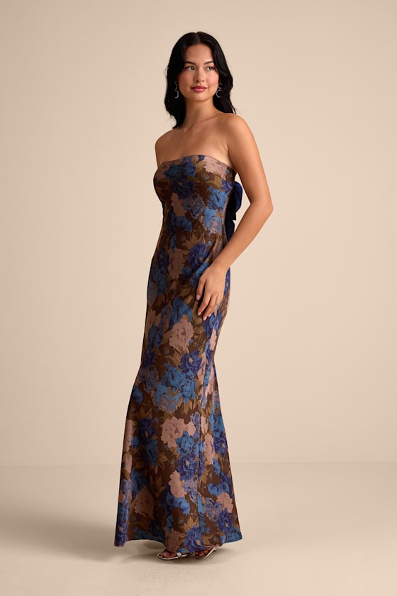 Artemisia Brown Multi Floral Strapless Bow Maxi Dress