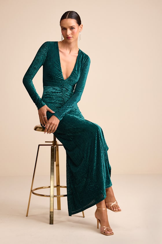 Demaline Emerald Velvet Striped Backless Maxi Dress