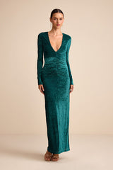 Demaline Emerald Velvet Striped Backless Maxi Dress