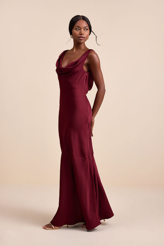 Aernah Wine Red Satin Cowl Tie-Back Slip Maxi Dress