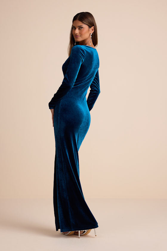 Alessia Teal Blue Velvet Long Sleeve Maxi Dress
