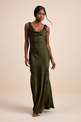 Aernah Olive Satin Cowl Tie-Back Slip Maxi Dress