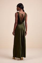 Aernah Olive Satin Cowl Tie-Back Slip Maxi Dress