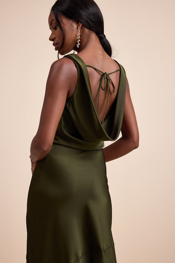 Aernah Olive Satin Cowl Tie-Back Slip Maxi Dress